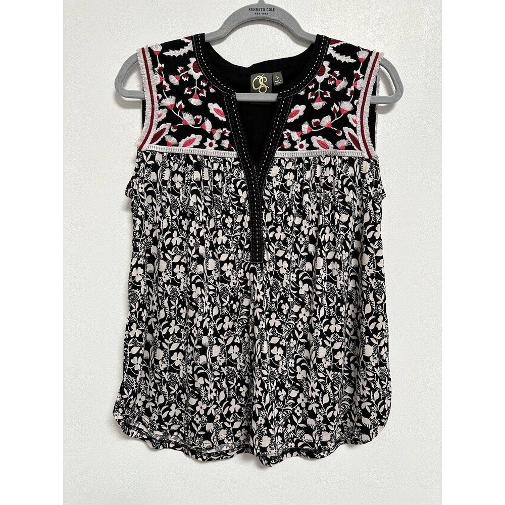 One September Anthropologie Floral Embroidered Sleeveless Blouse Boho Preppy